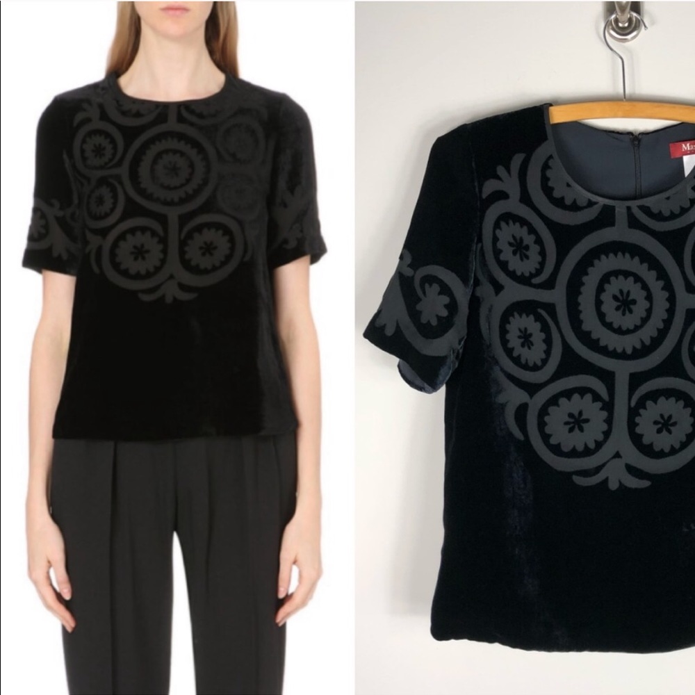 Max Mara Zuai Velvet Burnout Black Blouse Shirt Short Sleeve Crewneck
